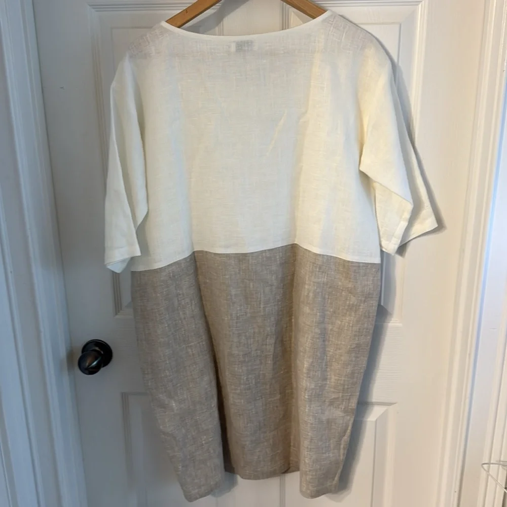 MAGIC LINEN Adria Color-Block White and Gray/Tan Linen Dress size medium - Picture 4 of 4